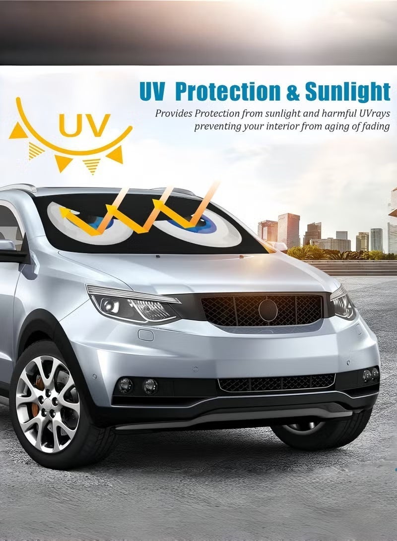 Car Windshield Sun Shade, Car Sun Shade Funny Car Eyes Sun Visor for Car Front Windshield, Foldable with Storage Pouch,UV Protection Keep Vehicle Cooler 150cm*70cm -Blue - Image 3