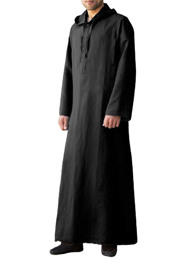YAOHUOLE Mens Kaftan THobe Casual Long Sleeve Muslim Robes Button Up Loose Long Down with Hoodie Black M - Image 1