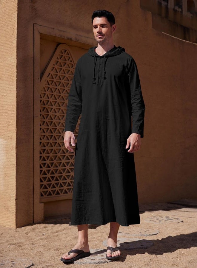 YAOHUOLE Mens Kaftan THobe Casual Long Sleeve Muslim Robes Button Up Loose Long Down with Hoodie Black M - Image 2