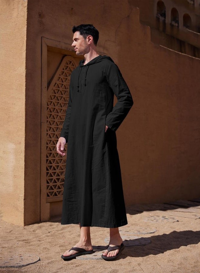YAOHUOLE Mens Kaftan THobe Casual Long Sleeve Muslim Robes Button Up Loose Long Down with Hoodie Black M - Image 3