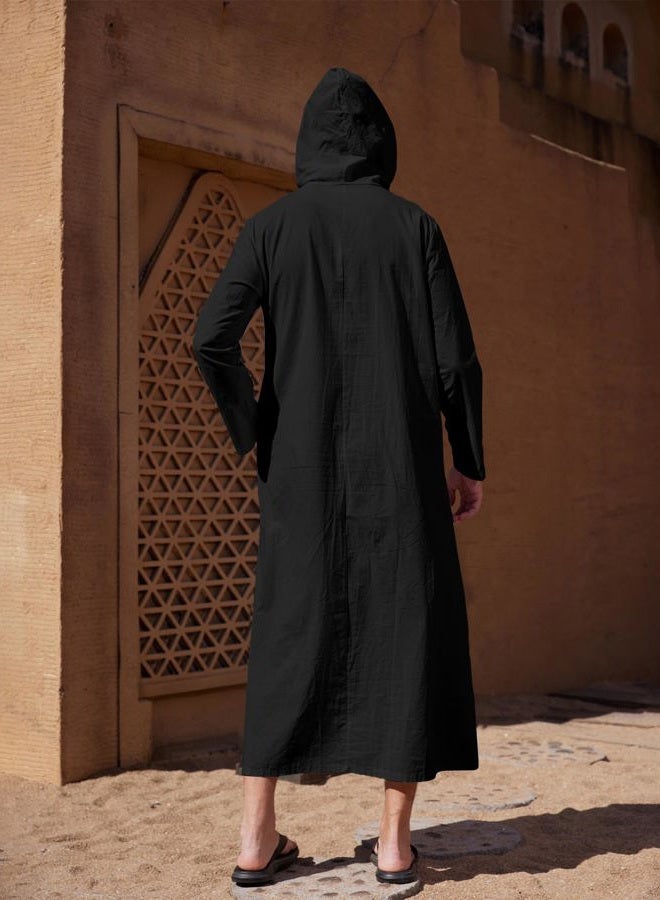 YAOHUOLE Mens Kaftan THobe Casual Long Sleeve Muslim Robes Button Up Loose Long Down with Hoodie Black M - Image 4
