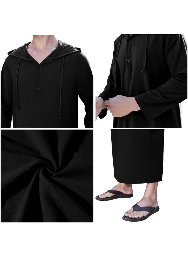 YAOHUOLE Mens Kaftan THobe Casual Long Sleeve Muslim Robes Button Up Loose Long Down with Hoodie Black M - Image 5