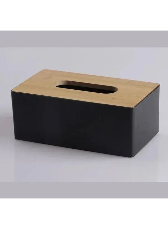 Black Modern Plastic Tissue Box With Bamboo Like Cover Space Saving Rectangular Dispenser - Image 1