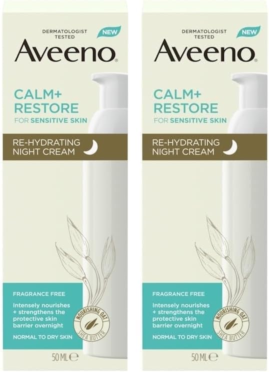 كريم الليل المرطب من أفينو كالم رستور 50 مل - يغذي بشرتك بعمق مع زبدة الشيا والشوفان البروبيوتيك للبشرة الحساسة خالي من العطور - عبوة من 2