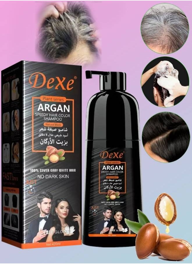 Dexe 420ml Argan Speedy Hair Color Shampoo 100% Grey and White Hair Coverage Long Lasting Deeply Nourishing and Anti Hair Fall Hair Color Shampoo Argan Hair Dry Color Shampoo Natural Black  - Image 1