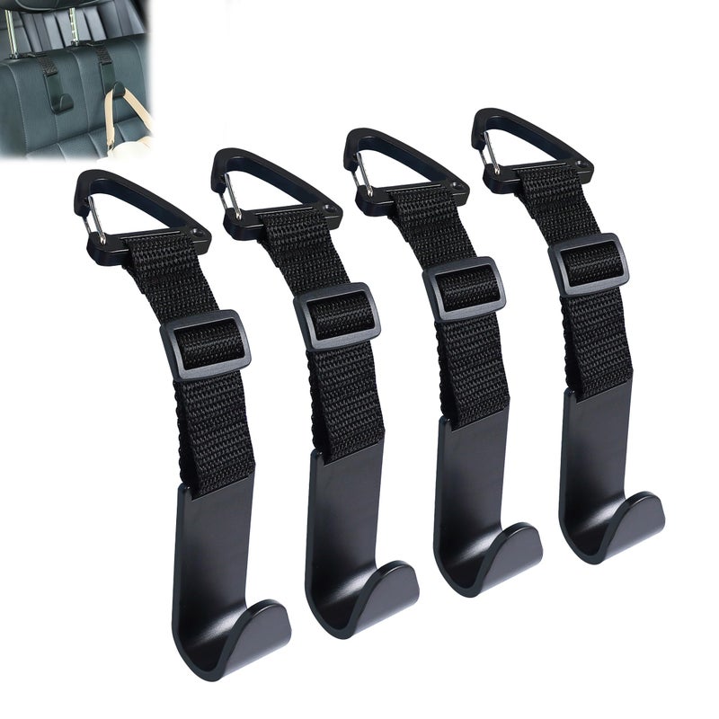 Amooca Headrest Hooks for Car Adjustable 4 Pack Vehicle Seat Back Organizer Storage Hanger Holder for Purse Bags Universal Fit with Clip Black - Image 1