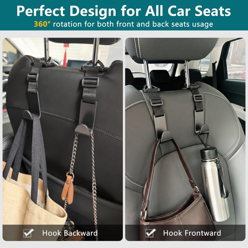 Amooca Headrest Hooks for Car Adjustable 4 Pack Vehicle Seat Back Organizer Storage Hanger Holder for Purse Bags Universal Fit with Clip Black - Image 2