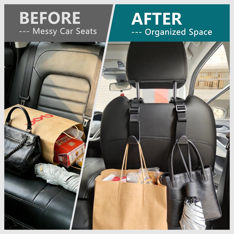 Amooca Headrest Hooks for Car Adjustable 4 Pack Vehicle Seat Back Organizer Storage Hanger Holder for Purse Bags Universal Fit with Clip Black - Image 3