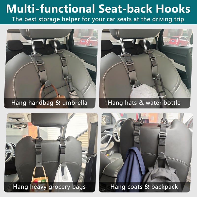 Amooca Headrest Hooks for Car Adjustable 4 Pack Vehicle Seat Back Organizer Storage Hanger Holder for Purse Bags Universal Fit with Clip Black - Image 4