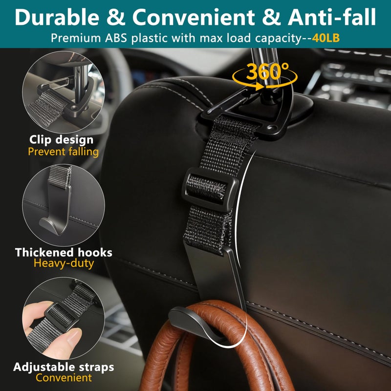 Amooca Headrest Hooks for Car Adjustable 4 Pack Vehicle Seat Back Organizer Storage Hanger Holder for Purse Bags Universal Fit with Clip Black - Image 5