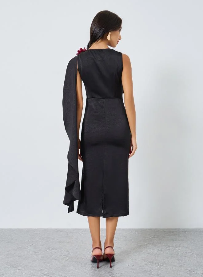 Styli Styli Black Draped Midi Dress with Corsage Detail