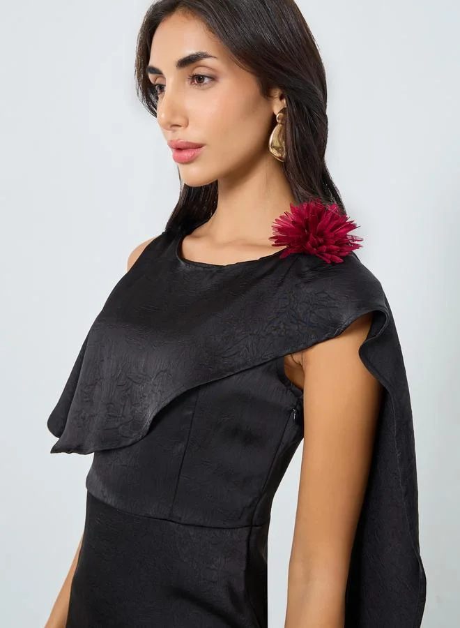 Styli Styli Black Draped Midi Dress with Corsage Detail