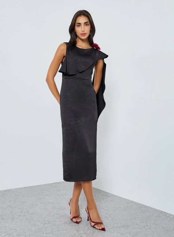 Styli Styli Black Draped Midi Dress with Corsage Detail