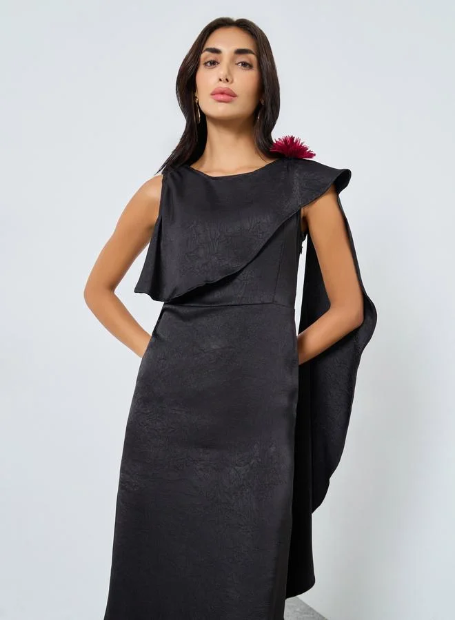 Styli Styli Black Draped Midi Dress with Corsage Detail