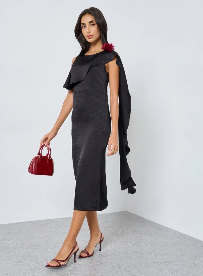 Styli Styli Black Draped Midi Dress with Corsage Detail