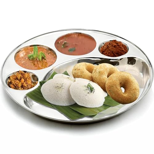 MESHIV Stainless Steel Round 5 in 1 Compartment Lunch, Dinner Plate 1Pc, 34cm Dia, Silver (Set of 1-34CM/12.5 INCH - Big) - Image 1