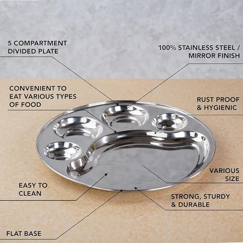MESHIV Stainless Steel Round 5 in 1 Compartment Lunch, Dinner Plate 1Pc, 34cm Dia, Silver (Set of 1-34CM/12.5 INCH - Big) - Image 3