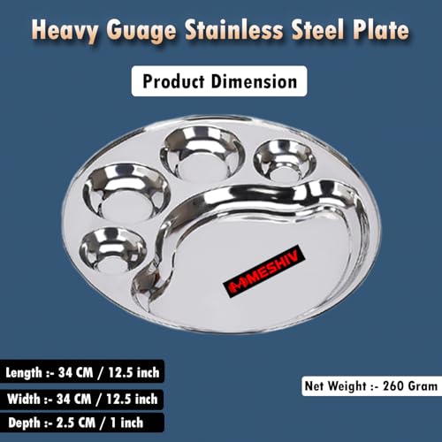 MESHIV Stainless Steel Round 5 in 1 Compartment Lunch, Dinner Plate 1Pc, 34cm Dia, Silver (Set of 1-34CM/12.5 INCH - Big) - Image 2