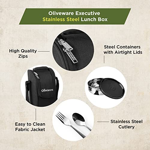 SOPL-OLIVEWARE Executive Lunch Box, 100% Leak Proof, 4 Stainless Steel Containers with BPA Free Lids (2x300ml & 2x600ml), Plastic Pickle Box (130ml), Steel Cutlery, Fabric Bag (Black) - Image 3
