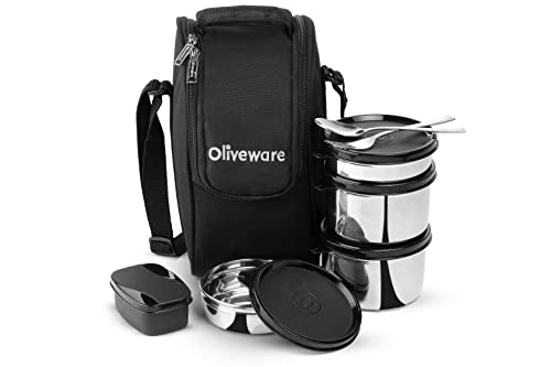 SOPL-OLIVEWARE Executive Lunch Box, 100% Leak Proof, 4 Stainless Steel Containers with BPA Free Lids (2x300ml & 2x600ml), Plastic Pickle Box (130ml), Steel Cutlery, Fabric Bag (Black) - Image 1