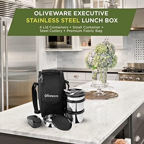 SOPL-OLIVEWARE Executive Lunch Box, 100% Leak Proof, 4 Stainless Steel Containers with BPA Free Lids (2x300ml & 2x600ml), Plastic Pickle Box (130ml), Steel Cutlery, Fabric Bag (Black) - Image 4