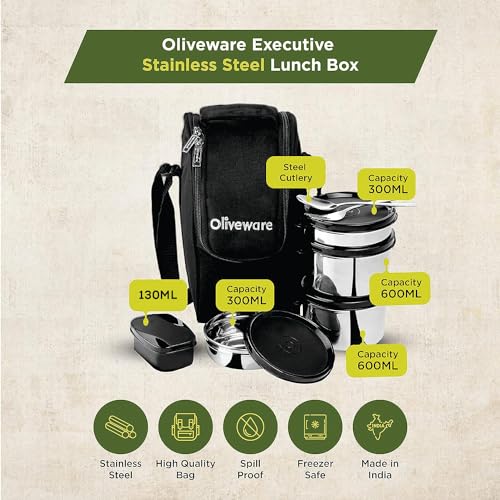 SOPL-OLIVEWARE Executive Lunch Box, 100% Leak Proof, 4 Stainless Steel Containers with BPA Free Lids (2x300ml & 2x600ml), Plastic Pickle Box (130ml), Steel Cutlery, Fabric Bag (Black) - Image 2