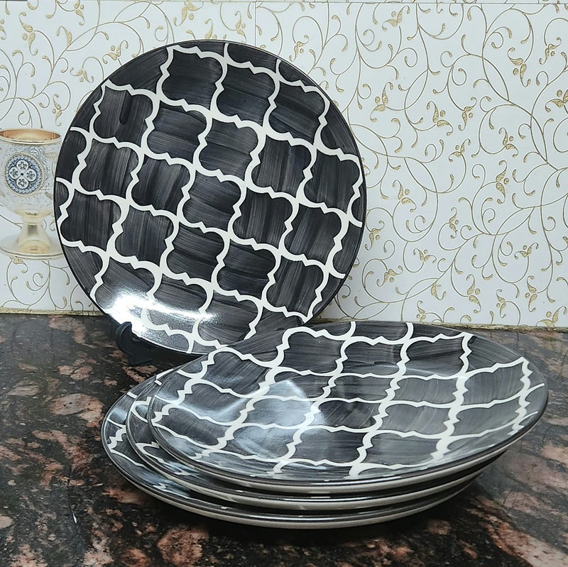 VolCraft Dinner Plates Ceramic Handpainted Set of 4 Ceramic Plates for Dinner with Black Umrao Pattern,Dinnerware Set Microwave and Dishwasher Safe - Image 1