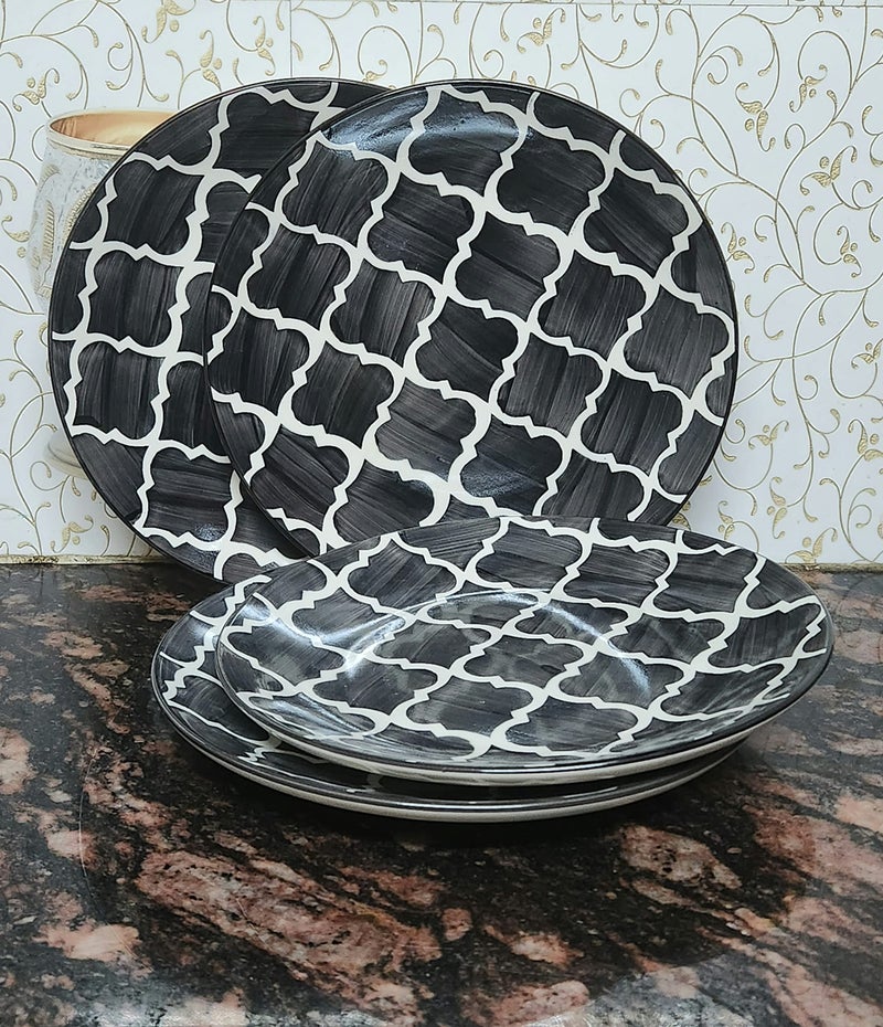 VolCraft Dinner Plates Ceramic Handpainted Set of 4 Ceramic Plates for Dinner with Black Umrao Pattern,Dinnerware Set Microwave and Dishwasher Safe - Image 3