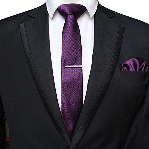 JEMYGINS 2.4" Purple Skinny Tie and Pocket Square with Tie Clip Silk slim Necktie Sets for Men - Image 2