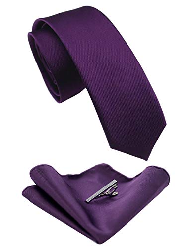 JEMYGINS 2.4" Purple Skinny Tie and Pocket Square with Tie Clip Silk slim Necktie Sets for Men - Image 1