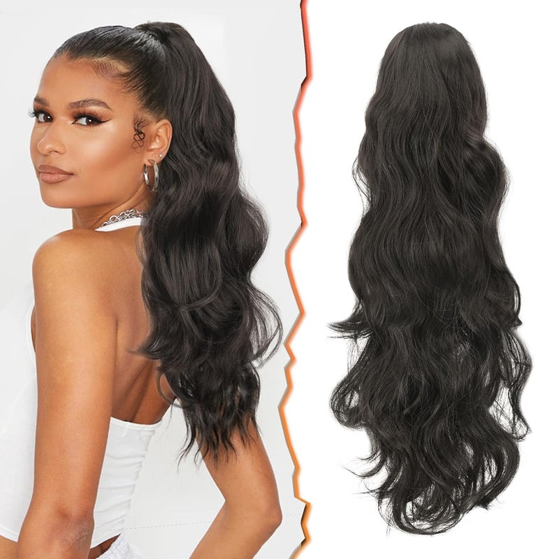 BARSDAR إضافات ذيل الحصان السوداء من بارسدار بطول 20 بوصة مع مشبك مخلب للنساء، شعر مموج طويل صناعي، قطع شعر ذيل حصان للاستخدام اليومي والحفلات، أسود طبيعي