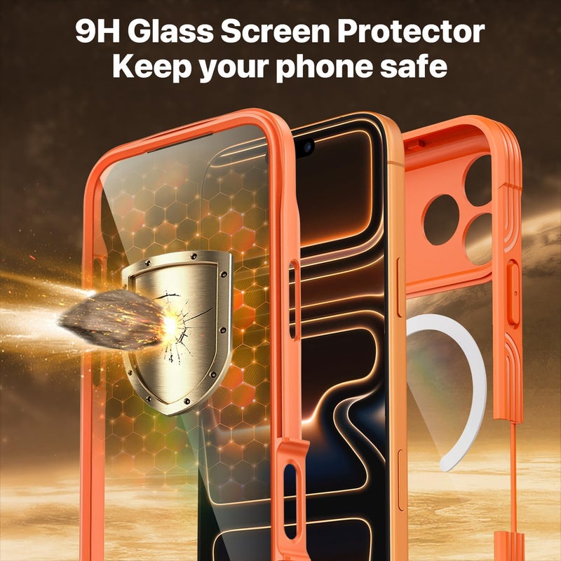 CENHUFO Magnetic Case for iPhone 17 Pro [Compatible with MagSafe] Built-in 9H Tempered Glass Screen Protector and Camera Protection, 360° Shockproof Phone Cover Case - Orange Good ventilation - Image 4