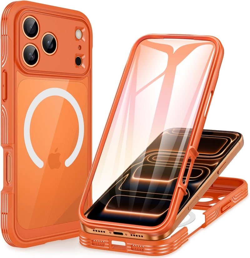 CENHUFO Magnetic Case for iPhone 17 Pro [Compatible with MagSafe] Built-in 9H Tempered Glass Screen Protector and Camera Protection, 360° Shockproof Phone Cover Case - Orange Good ventilation - Image 1
