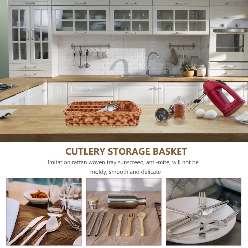 Imitation Woven Mesh Cutlery Storage Basket 4 Compartments Kitchen Forks Knifes Rattan Storage Tray Organizer - Image 4