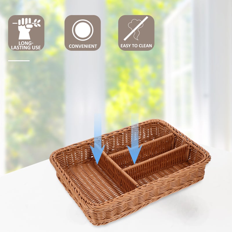Imitation Woven Mesh Cutlery Storage Basket 4 Compartments Kitchen Forks Knifes Rattan Storage Tray Organizer - Image 5