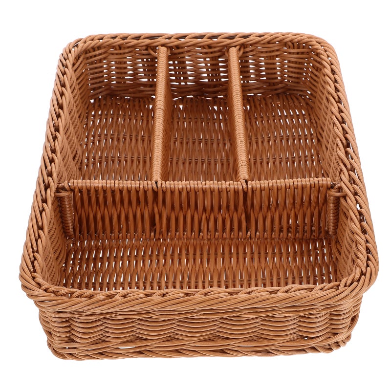 Imitation Woven Mesh Cutlery Storage Basket 4 Compartments Kitchen Forks Knifes Rattan Storage Tray Organizer - Image 1