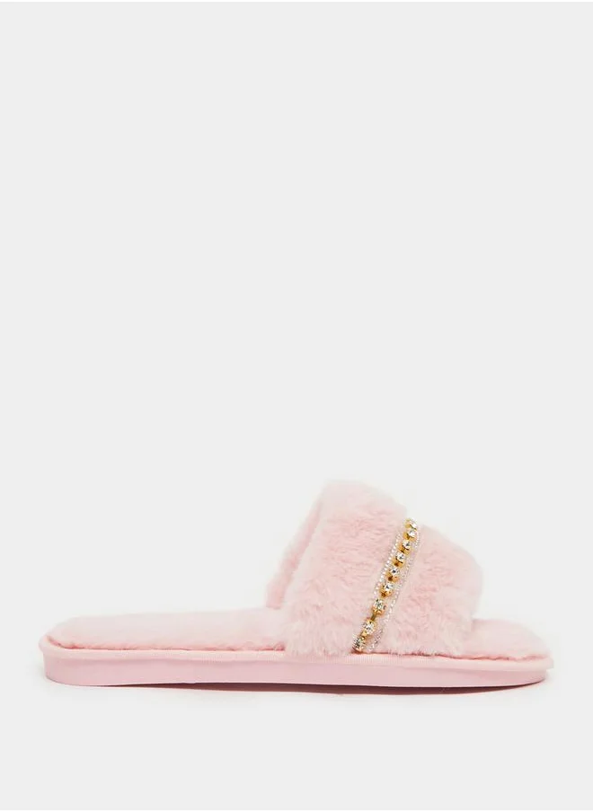 Styli Embellished Fur Bedroom Slippers