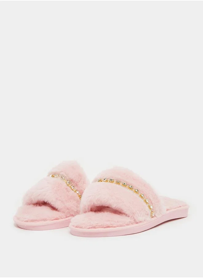 Styli Embellished Fur Bedroom Slippers