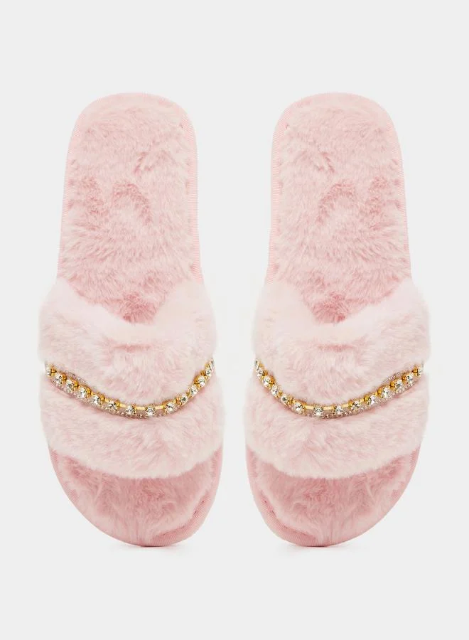 Styli Embellished Fur Bedroom Slippers