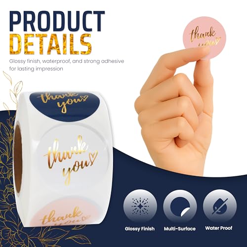 IBAKE 500 PCS Thank You Stickers Roll – 1.5 Inch Round Gold Foil Stickers with Heart Design, 4 Colors (Black, White, Pink, Navy) for Small Business Packaging, Envelopes, Gift Bags, Shipping Boxes - Image 2