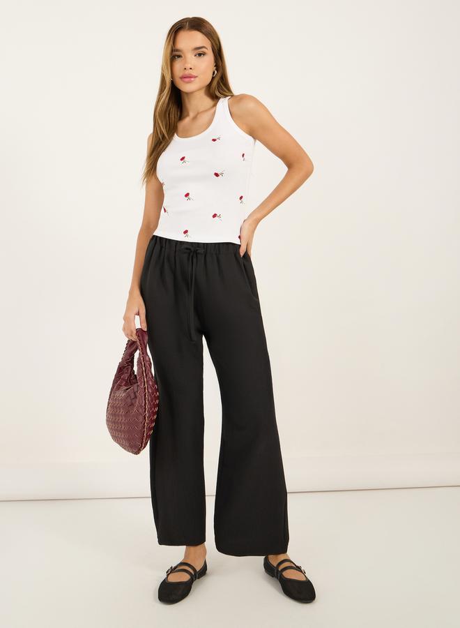 Styli Solid Elasticated Waistband Wide Leg Pants with Drawstring  - Image 1