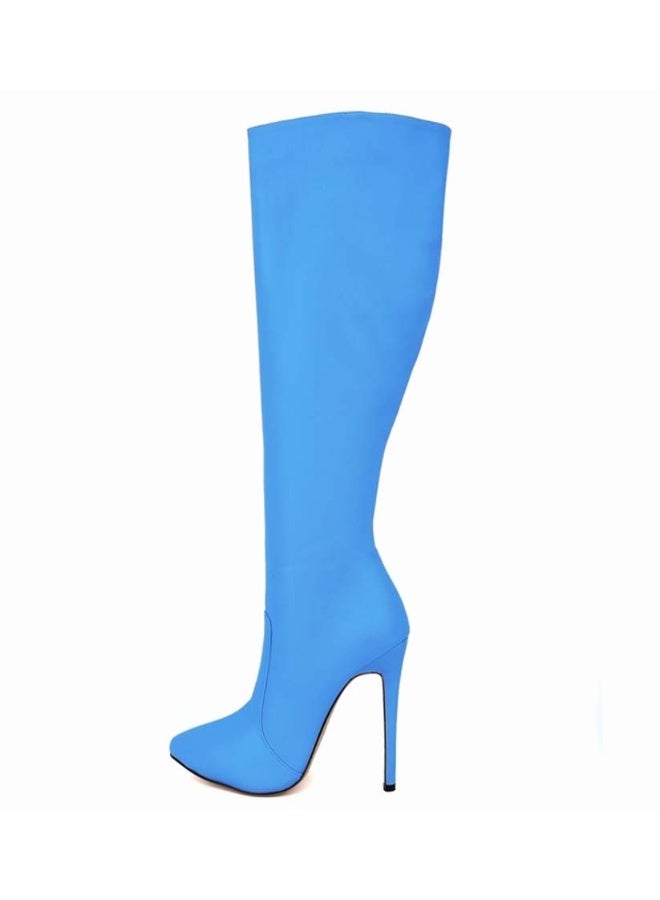 Loquat New autumn and winter style slimming knee-high stiletto heel boots the heel height 10 cm and the shaft length 50 cm Blue  - Image 2
