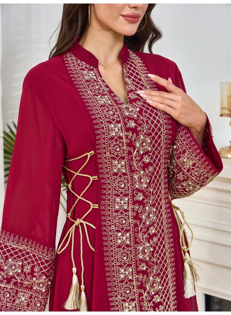 Kaiyuede Abaya Wedding Eid Burgundy Gold Embroidery Tassel Lace-Up Waist Polyester Modest Maxi S-XL - Image 3