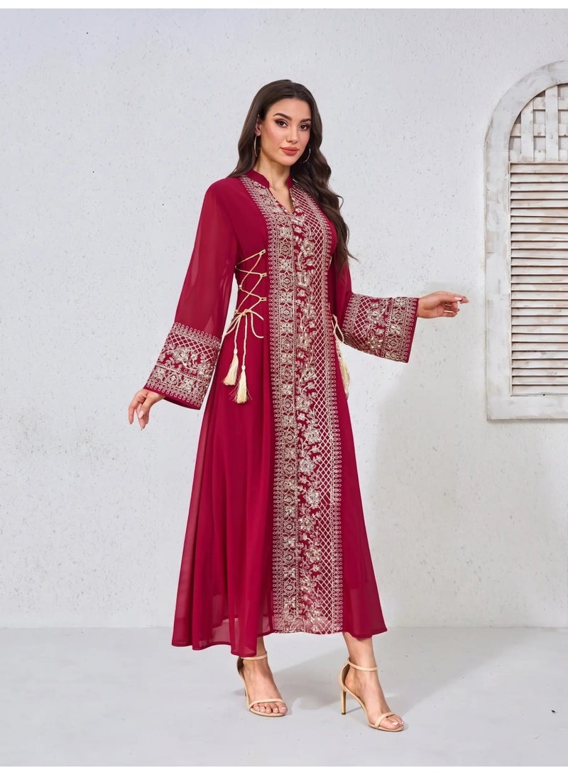 Kaiyuede Abaya Wedding Eid Burgundy Gold Embroidery Tassel Lace-Up Waist Polyester Modest Maxi S-XL - Image 4