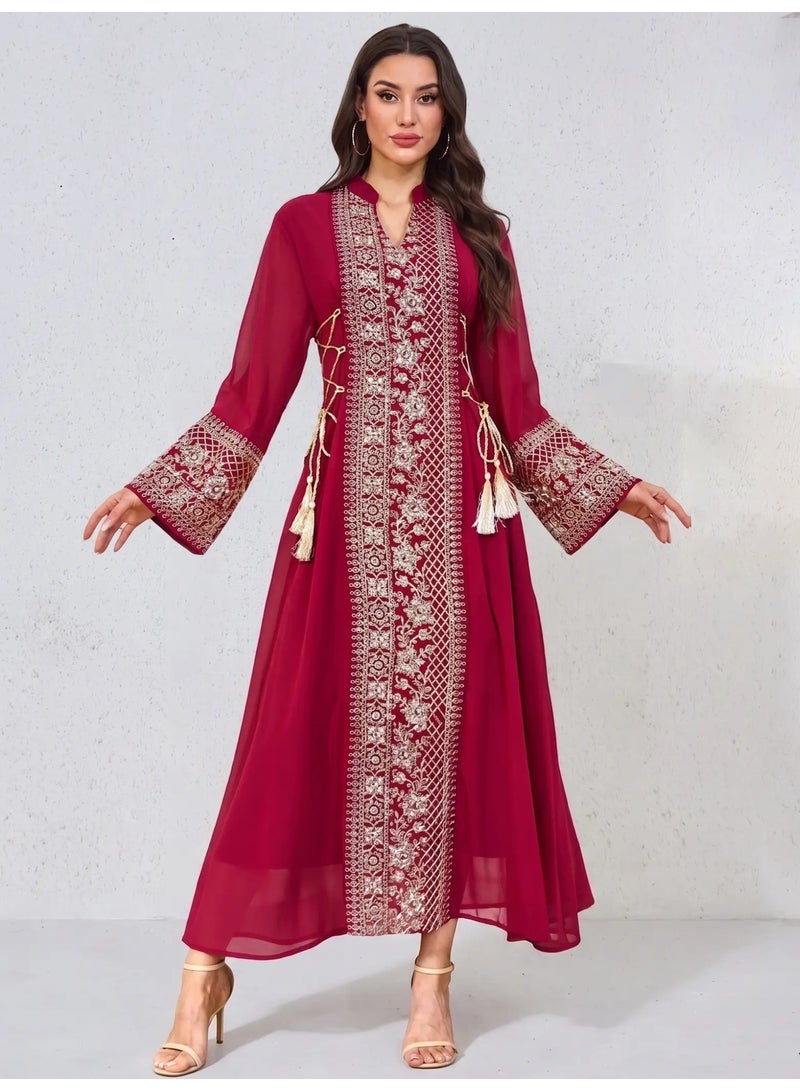 Kaiyuede Abaya Wedding Eid Burgundy Gold Embroidery Tassel Lace-Up Waist Polyester Modest Maxi S-XL - Image 1