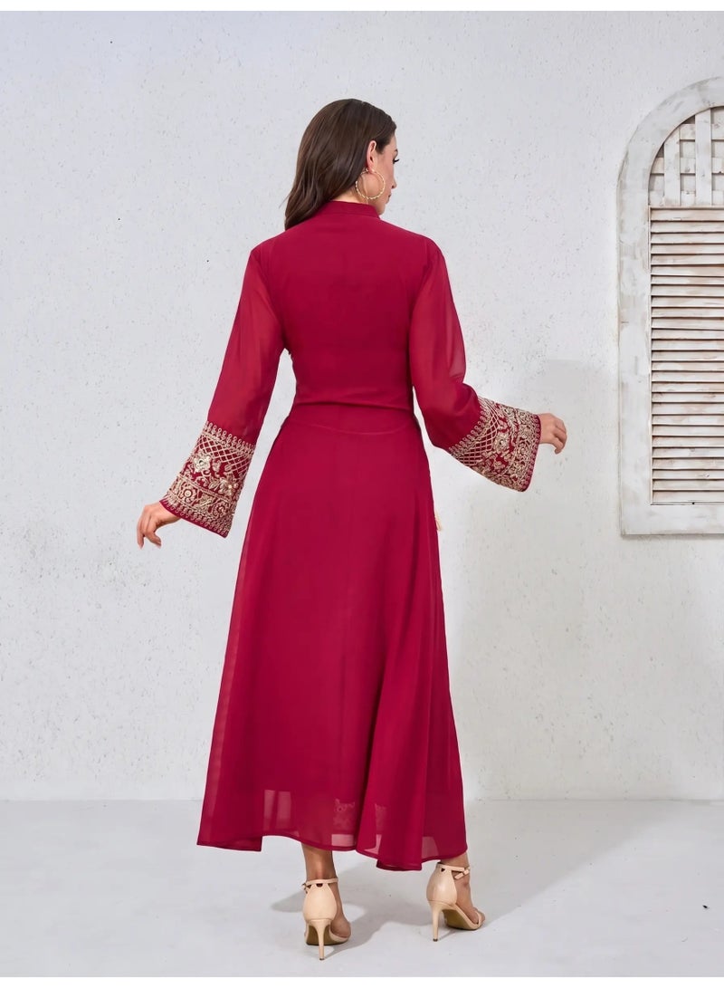 Kaiyuede Abaya Wedding Eid Burgundy Gold Embroidery Tassel Lace-Up Waist Polyester Modest Maxi S-XL - Image 2