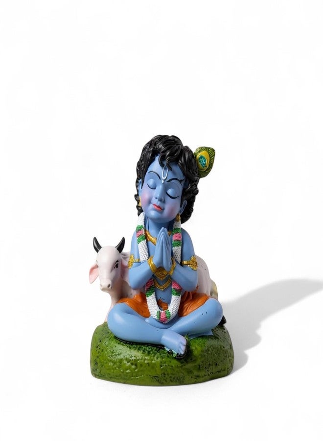 ADHVIK Baby Krishna Idol Bal Gopal Statue with Cow Figurine Gift Item for Janmashtami & Pooja,Home Decor,Table Decor (Small Size,Polystone, Pack of 1) (Blue) - Image 3