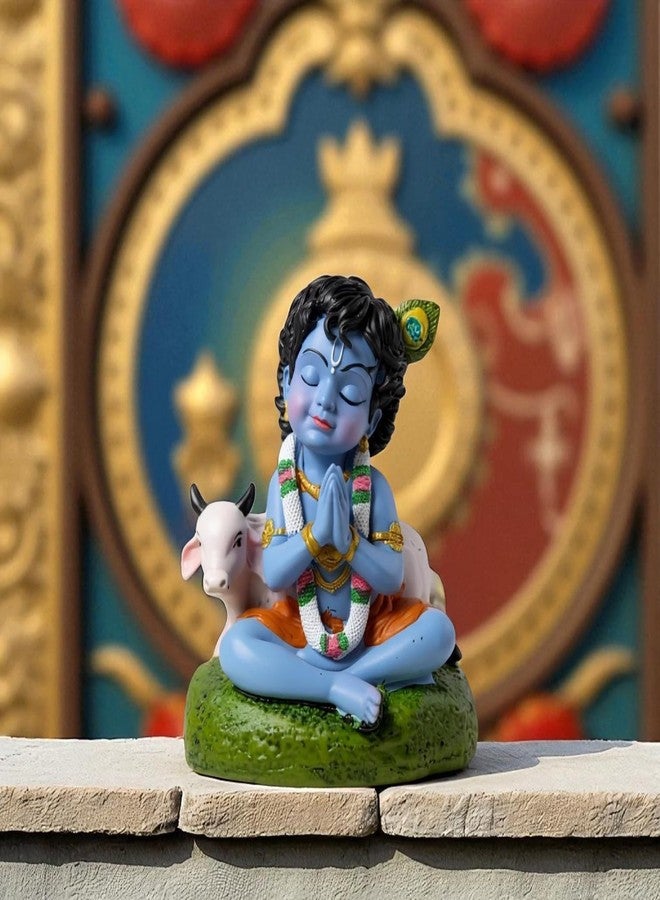 ADHVIK Baby Krishna Idol Bal Gopal Statue with Cow Figurine Gift Item for Janmashtami & Pooja,Home Decor,Table Decor (Small Size,Polystone, Pack of 1) (Blue) - Image 1