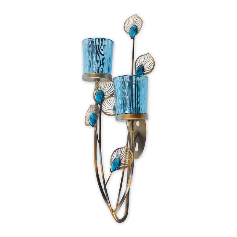 Zingz & Thingz Exotic Peacock Plume Collection Tealight & Candle Lighting, 5.5x5.25x14.5, Wall Sconce Duo - Image 2