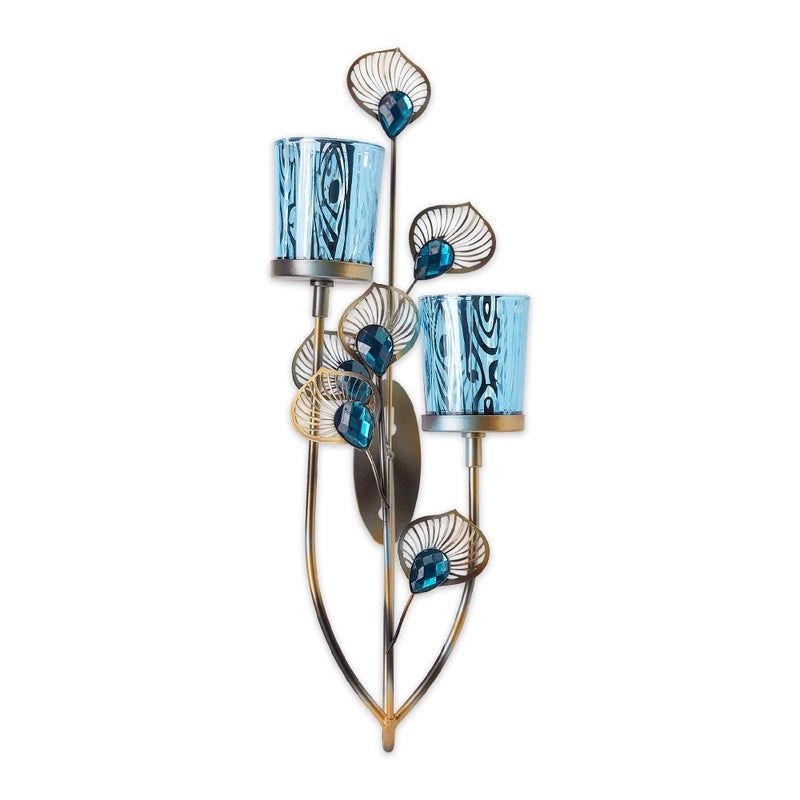 Zingz & Thingz Exotic Peacock Plume Collection Tealight & Candle Lighting, 5.5x5.25x14.5, Wall Sconce Duo - Image 1